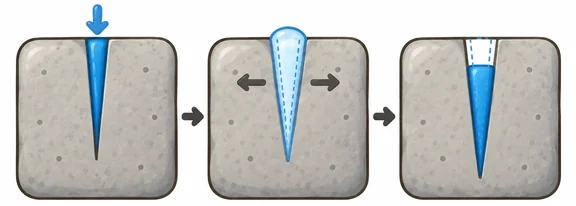 Three drawings of one rock: water runs into a crack, it freezes and pushes the crack wider, then it melts but the crack stays wider.