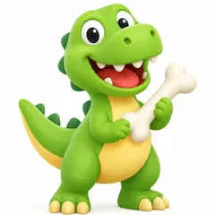 A green cartoon T. rex holding up a bone, grinning.