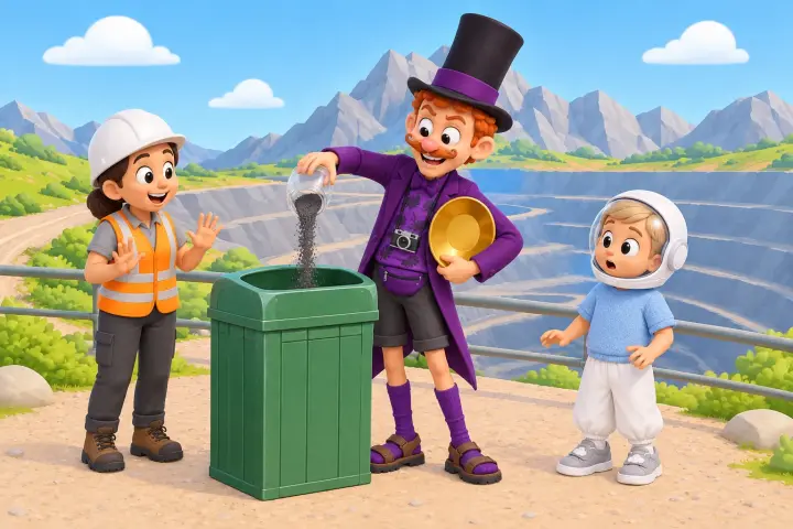 At the mine lookout, Mr Sneakenhausen grins and tips the jar of dark powder into an open green bin. The geologist and the explorer look surprised.