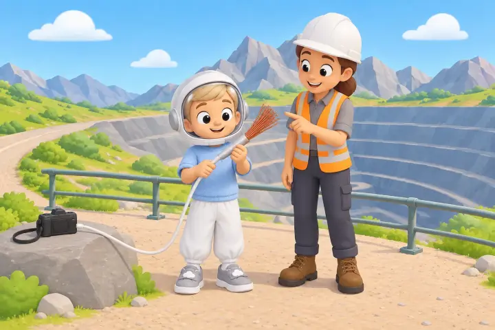 The explorer holds Mr Sneakenhausen’s camera cord with its end peeled back, showing a fan of shiny copper wires. The geologist points at the copper.