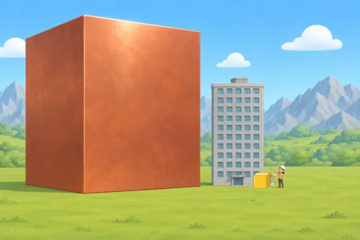 A giant copper block towers over a ten storey building. At the building door, the explorer and the geologist are tiny, beside a gold block only as tall as the explorer.