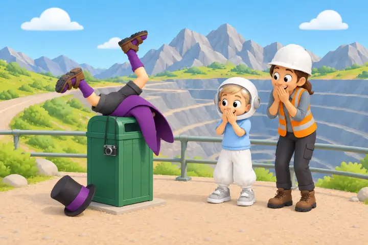 Mr Sneakenhausen has dived head first into the bin, legs kicking in the air, his top hat on the ground. The explorer and the geologist try not to laugh.