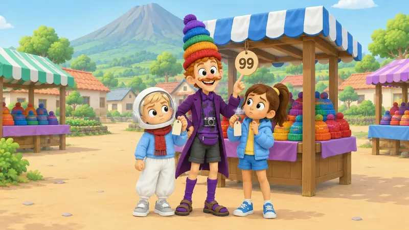 At a sunny market under a volcano, Mr Sneakenhausen wears a tower of five beanies and points at his price tag, 99. A boy in a space helmet and Sofía stand beside him holding price tags of their own, puzzled.
