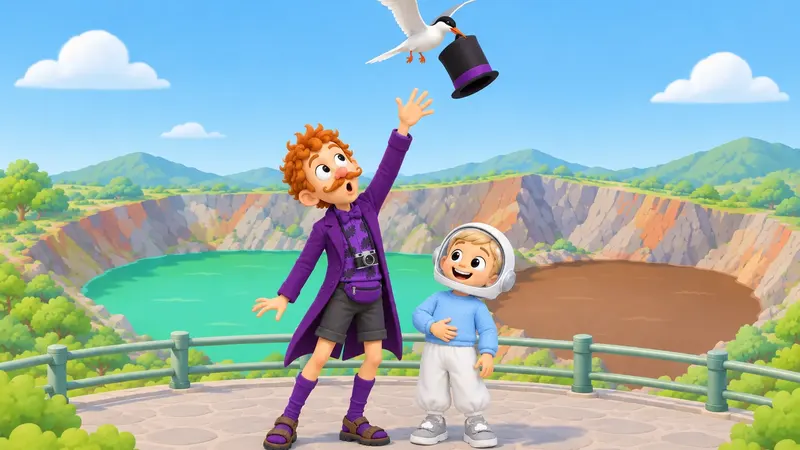 At a lookout over the crater lakes, a tern flies off with Mr Sneakenhausen's top hat as he reaches up in surprise, and a boy in a space helmet laughs.