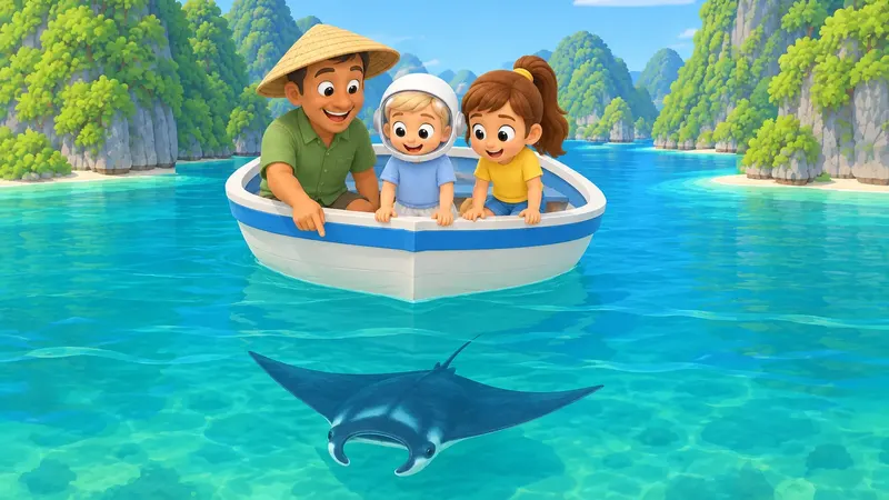 In a small boat on a calm lagoon, a local guide in a straw hat points down at a manta ray gliding under the water, while a boy in a space helmet and Sofía lean over to look.