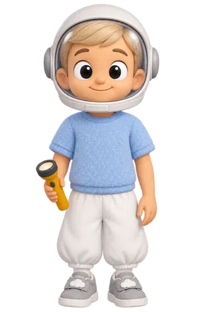 A boy the child has drawn as themselves: fair hair, a space helmet, a blue jumper, white trousers and a yellow torch.
