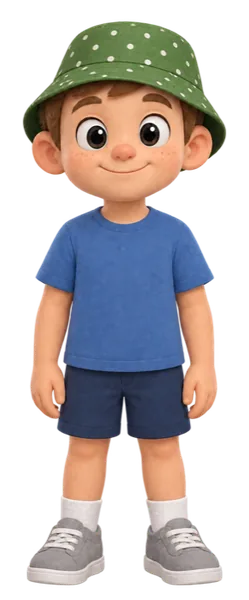 A boy as the child drew him: a green spotted hat, a blue t-shirt and navy shorts.