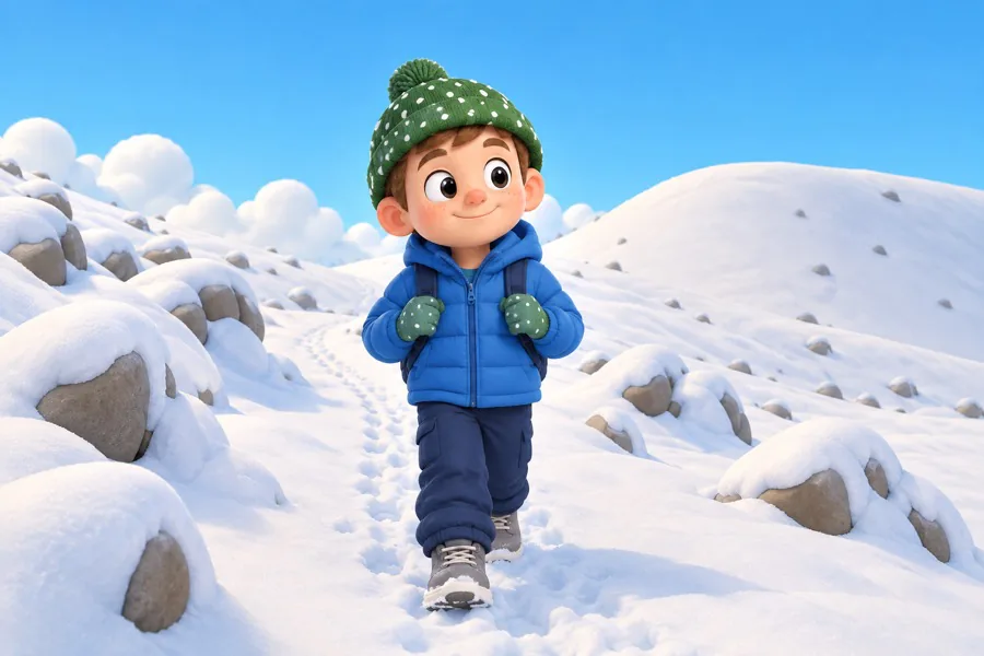 The same boy in a green spotted beanie and a blue puffer jacket, walking up a snowy hill between boulders.