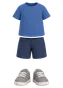 Everyday: a blue t-shirt, navy shorts and grey sneakers