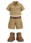 Explorer: a khaki shirt, khaki shorts with a belt and brown boots