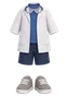 Scientist: a white lab coat over a blue shirt, navy shorts and grey sneakers