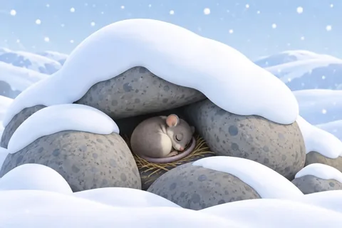 A mountain pygmy-possum curled up asleep on dry grass in a gap between big grey rocks, with snow over the rocks above it.