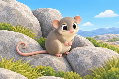 A mountain pygmy-possum, a tiny grey-brown animal with big dark eyes and a long curled tail, sitting on grey rocks.