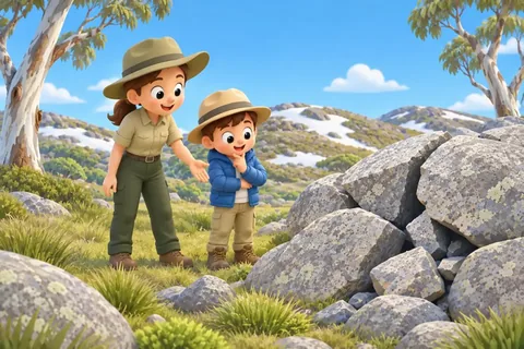 A ranger in a wide khaki hat points to a pile of broken grey rocks. The boy beside her has his hand on his chin, thinking.