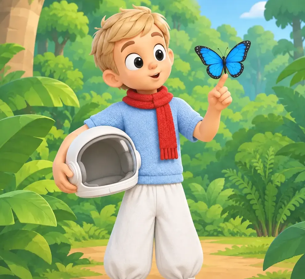 A boy in a sunlit rainforest, a space helmet under his arm, gazing in wonder at a bright blue butterfly that has landed on his raised finger.